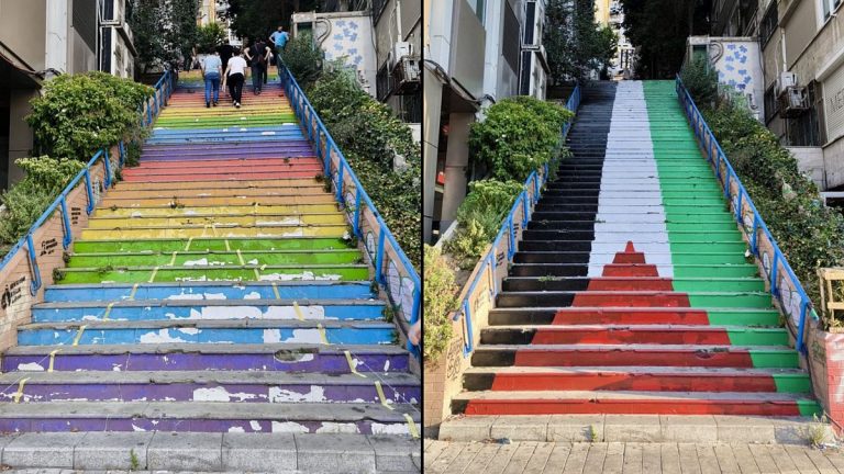 Cihangir'in rengarenk merdivenlerinin “basamaksız kısmı” Filistin bayrağı renklerine boyandı